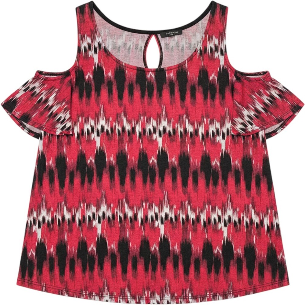 Womens Boho Cold Shoulder Red Ikat Flutter Sleeve Top Evolve LA Medium Blouse